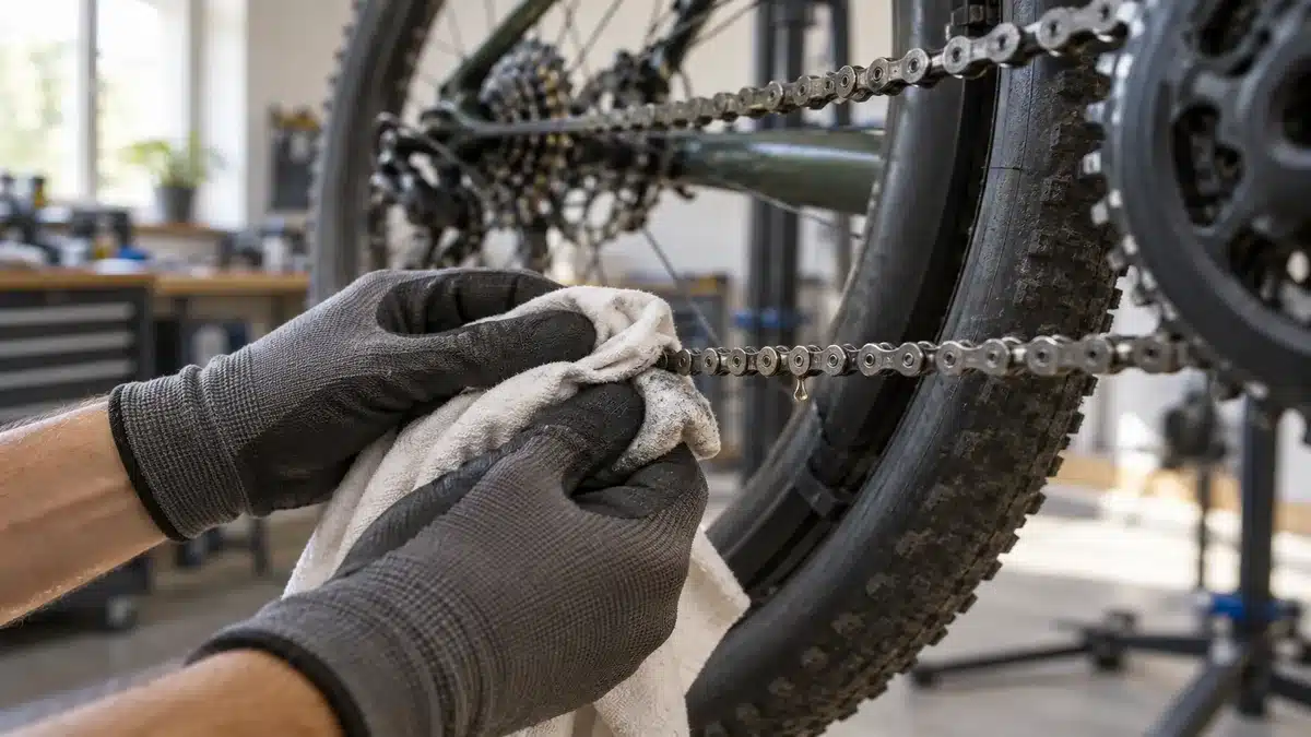 Mains gantées essuyant une chaîne de VTT propre avec un chiffon après lubrification