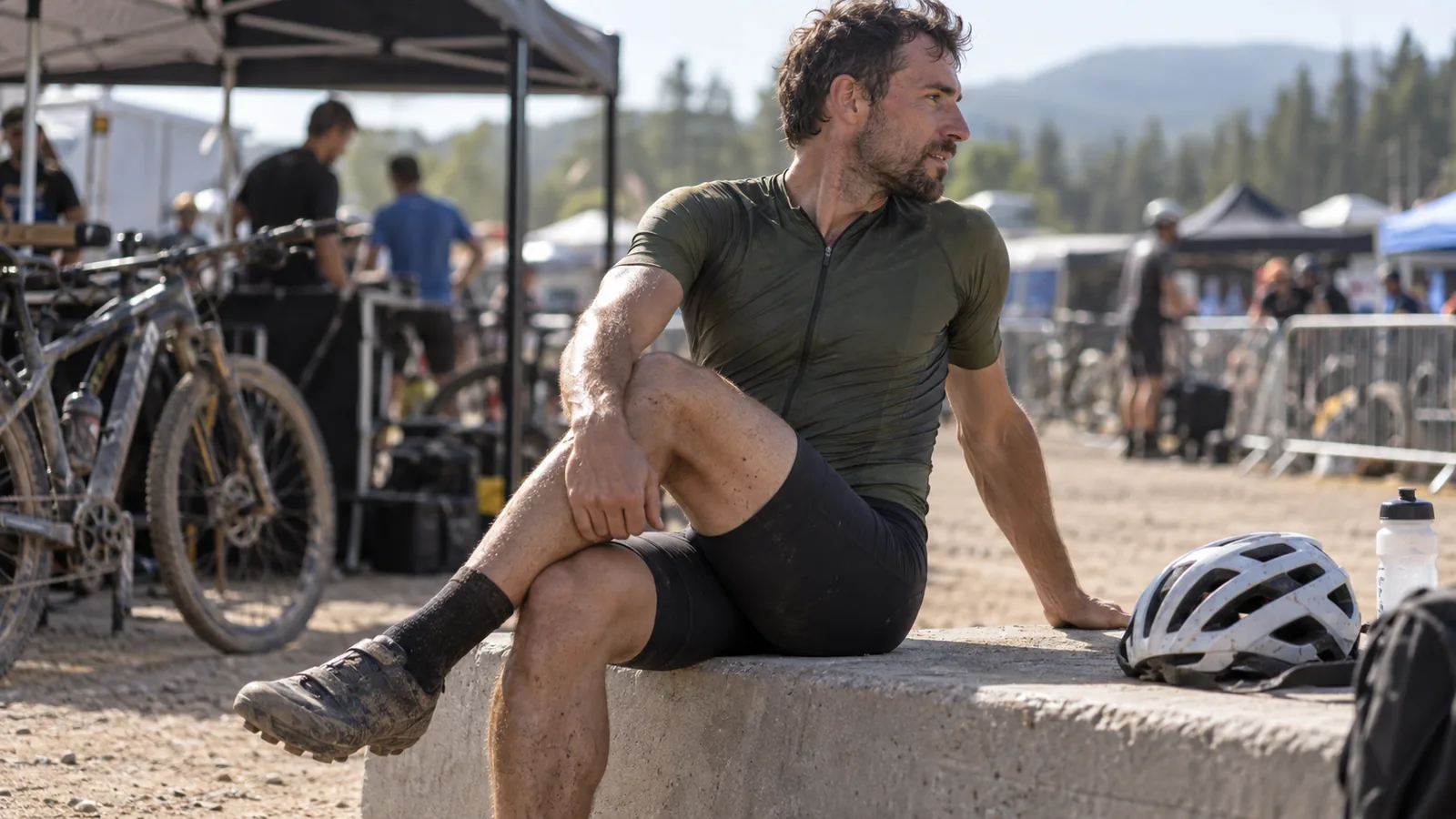 Vététiste en tenue de course assis sur un muret dans une aire de départ, rotation du buste pour étirer le haut du dos après une épreuve de cross-country