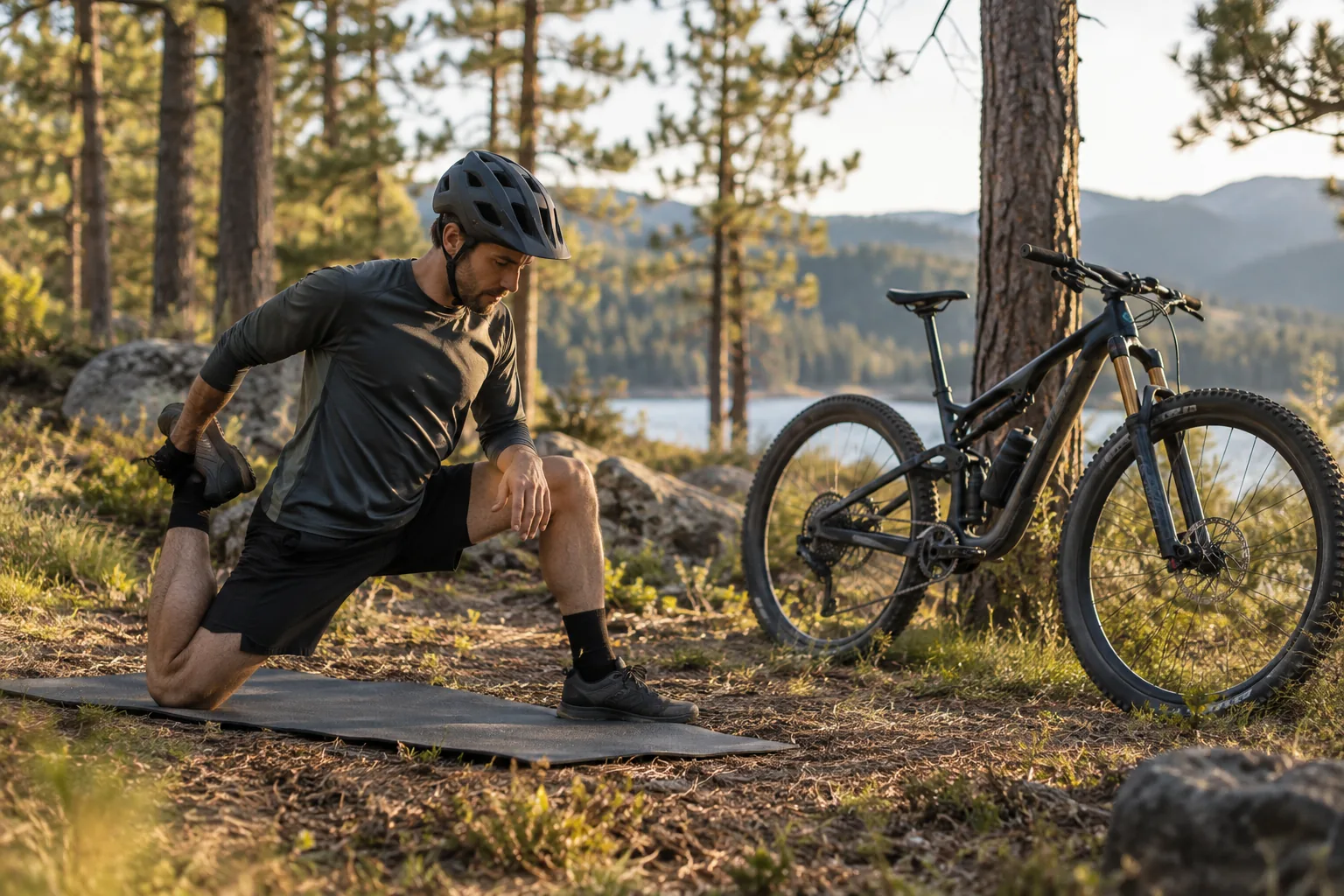 Vététiste de cross-country assis sur un tapis dans une clairière, étirant l'avant de la cuisse et le fléchisseur de hanche, son VTT 29 pouces posé debout à côté de lui