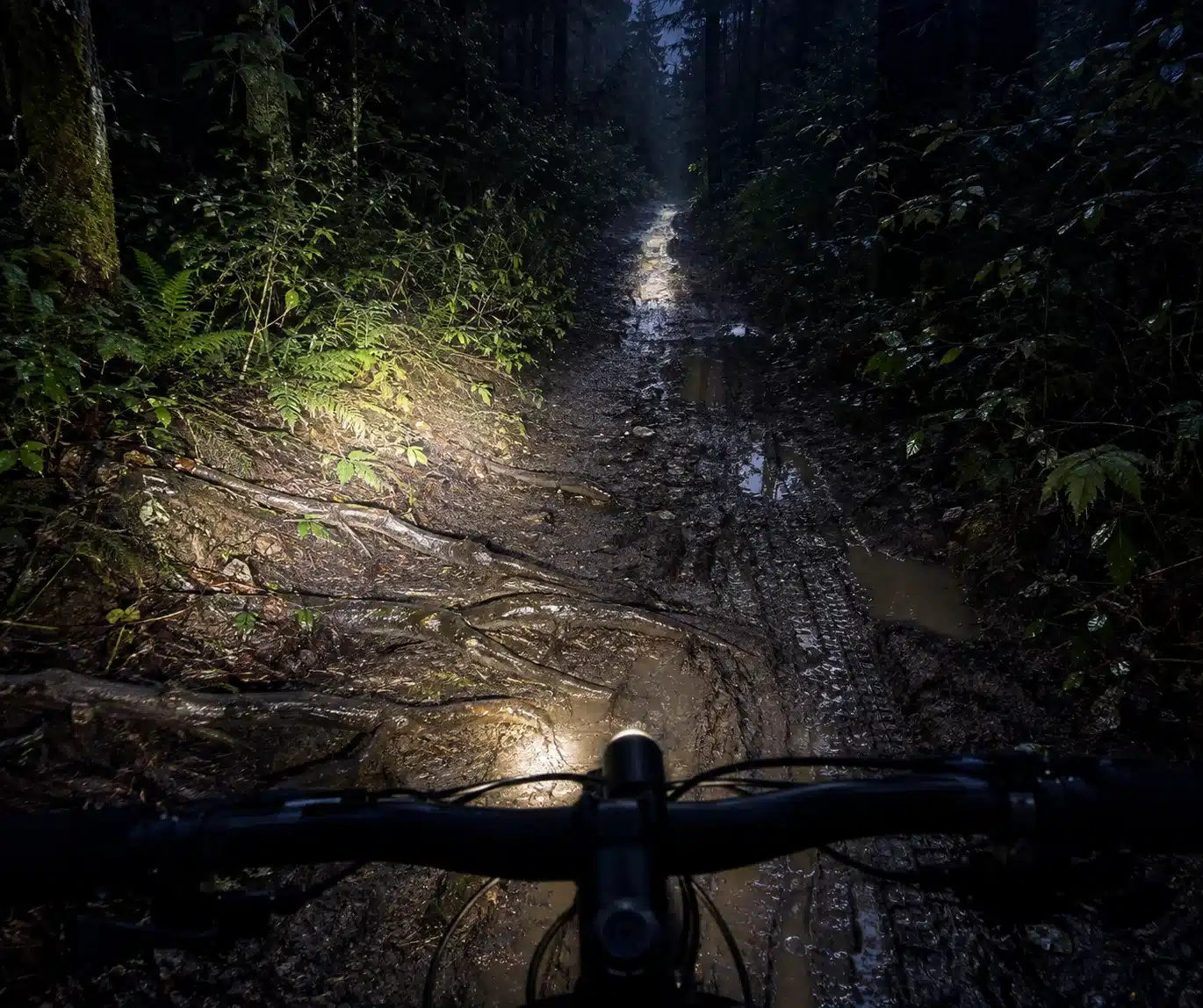 Faisceau lumineux d'un éclairage VTT sur un sentier humide de nuit