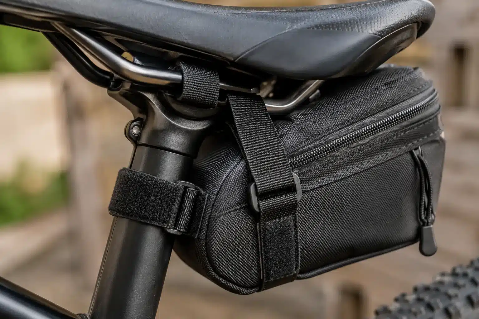 Gros plan sur la fixation d'une sacoche de selle de VTT : sangle et velcro enserrant les rails de selle et la tige de selle