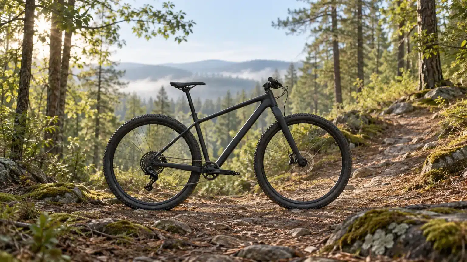 VTT cross-country semi-rigide équipé d'une fourche rigide monobloc sans suspension, de profil sur un sentier forestier sec