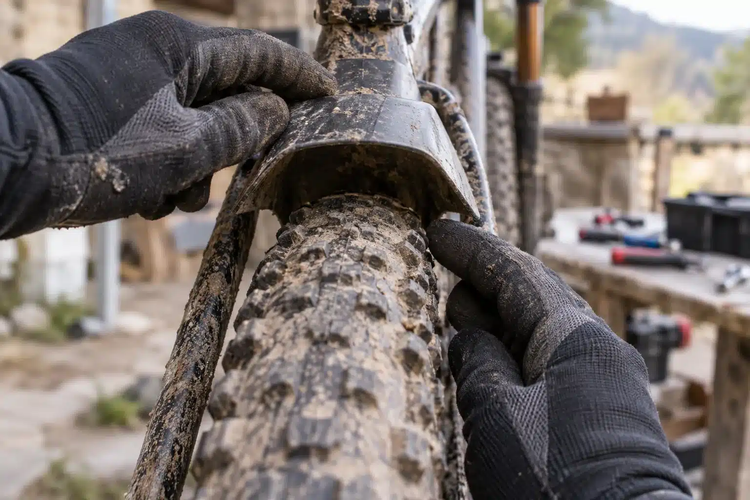 Contrôle du jeu entre le pneu et le garde-boue arrière sur un VTT XC