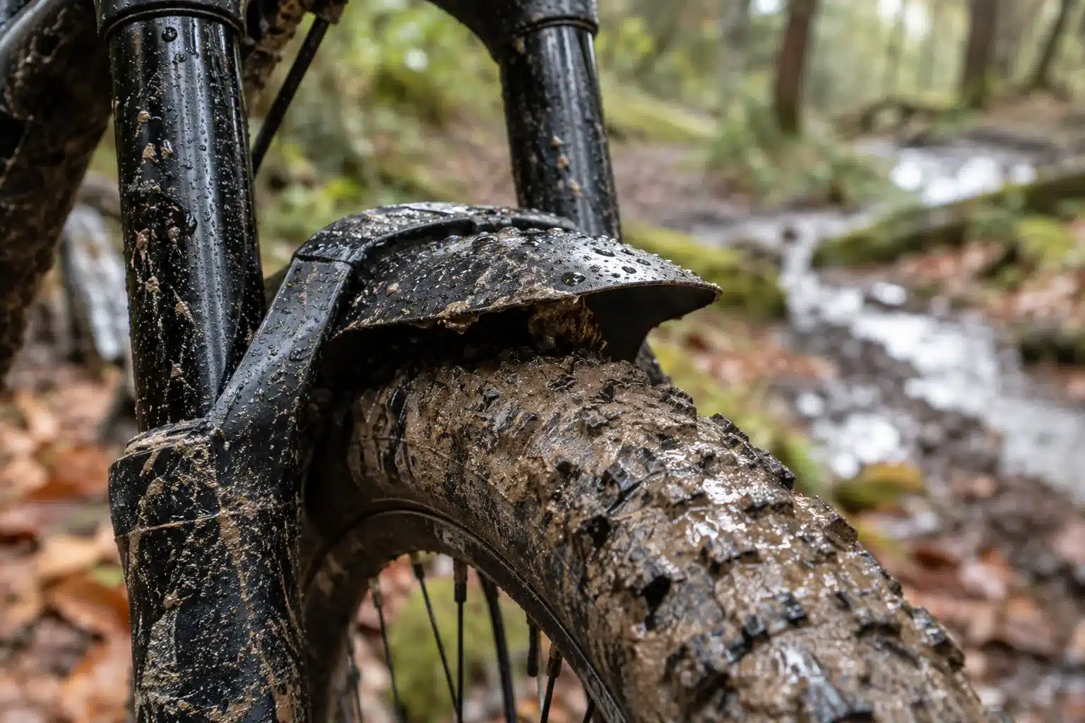 Garde-boue avant monté sur la fourche d'un VTT cross-country, pneu couvert de boue