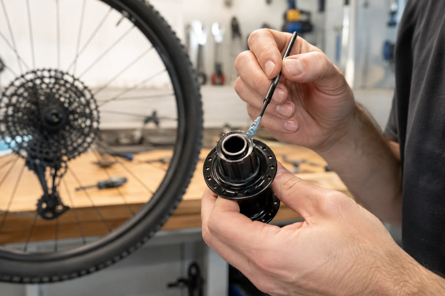 Graisse appliquée en fine couche sur un moyeu de roue VTT XC