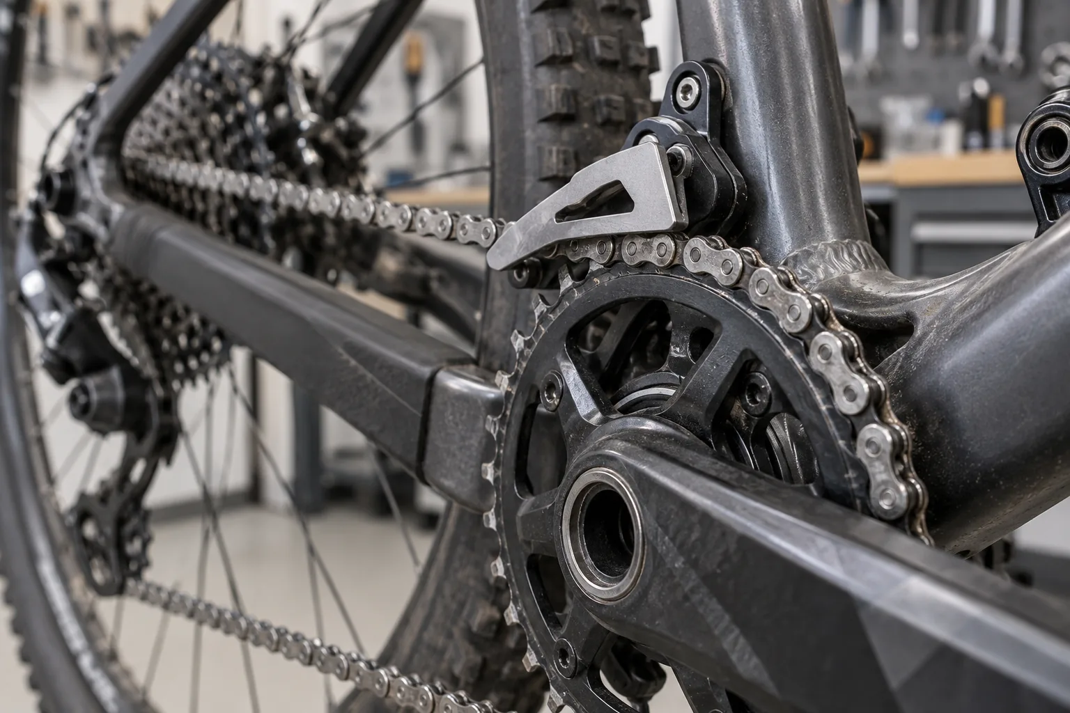 Guide-chaîne supérieur en aluminium monté près du boîtier de pédalier d'un VTT à mono-plateau, chaîne maintenue dans son logement