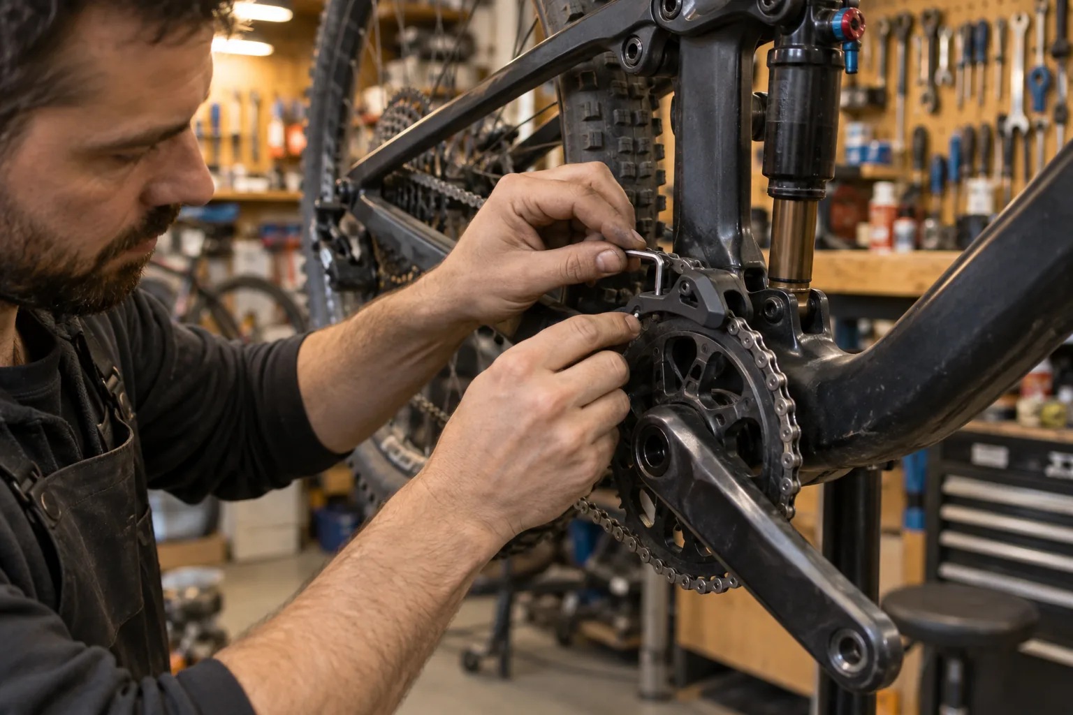 Réglage du jeu entre le guide-chaîne et la chaîne d'un VTT à mono-plateau avec une clé Allen dans un atelier