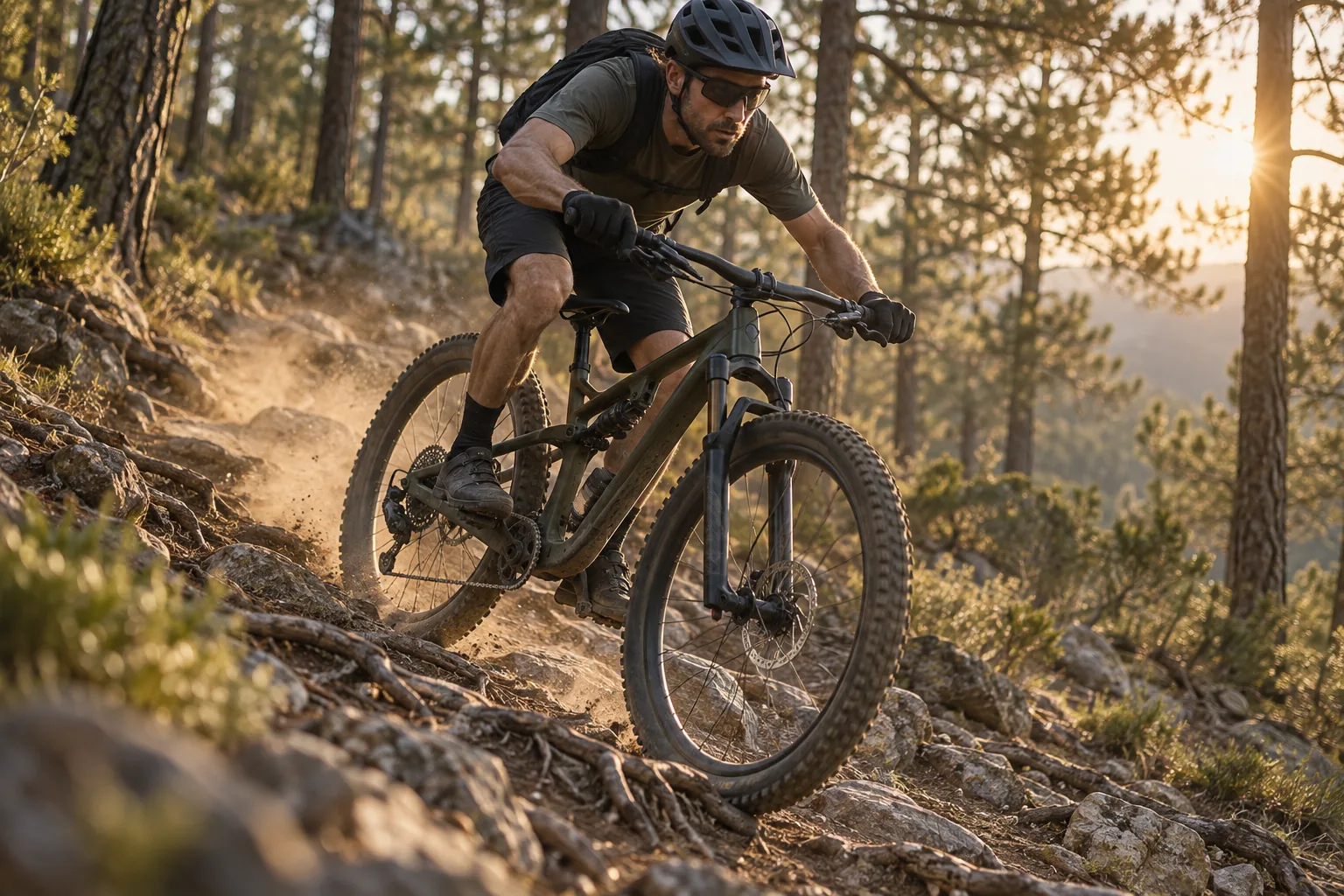 Vététiste de cross-country en descente sur une pente caillouteuse en sous-bois, transmission visible et chaîne sous tension