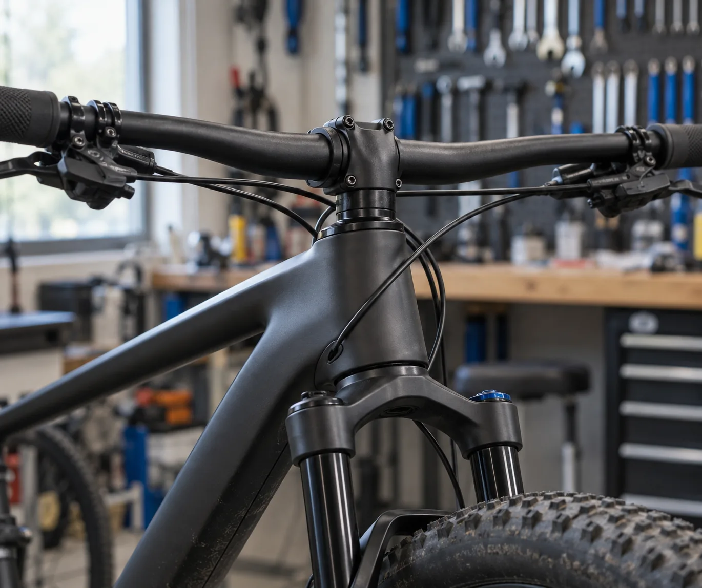 Contrôle du jeu de direction d'un VTT XC en atelier, vue sur la potence et la douille de direction