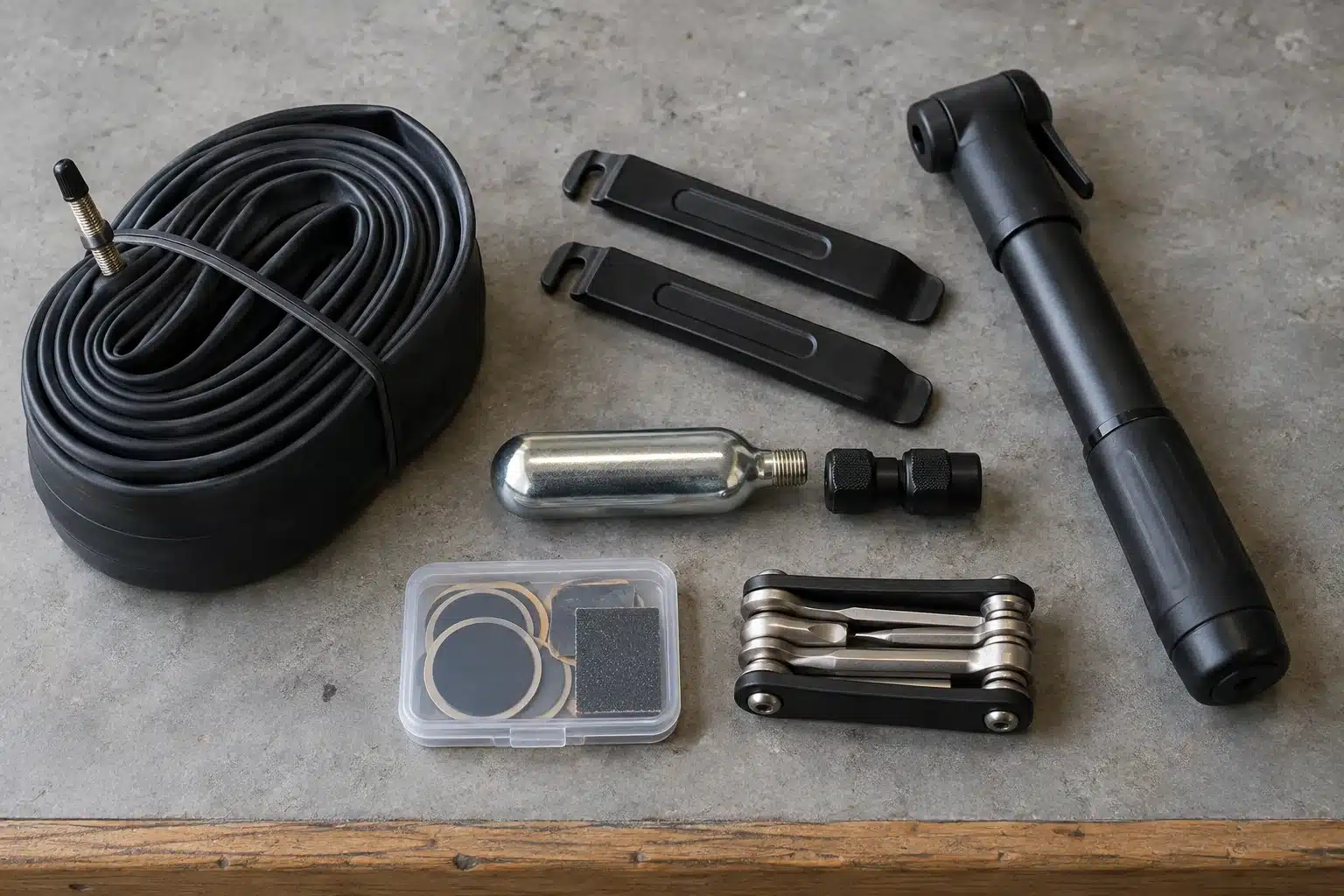 Kit de dépannage VTT posé sur un établi avec chambre à air enroulée, démonte-pneus, mini-pompe et cartouche de CO2