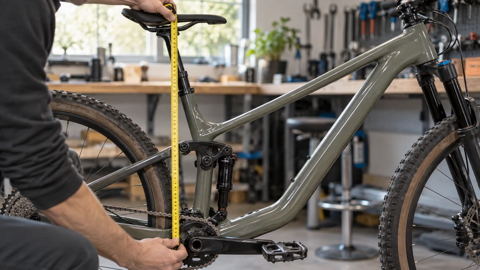 Contrôle de la hauteur de selle d'un VTT de cross-country au mètre ruban entre l'axe du pédalier et le sommet de la selle