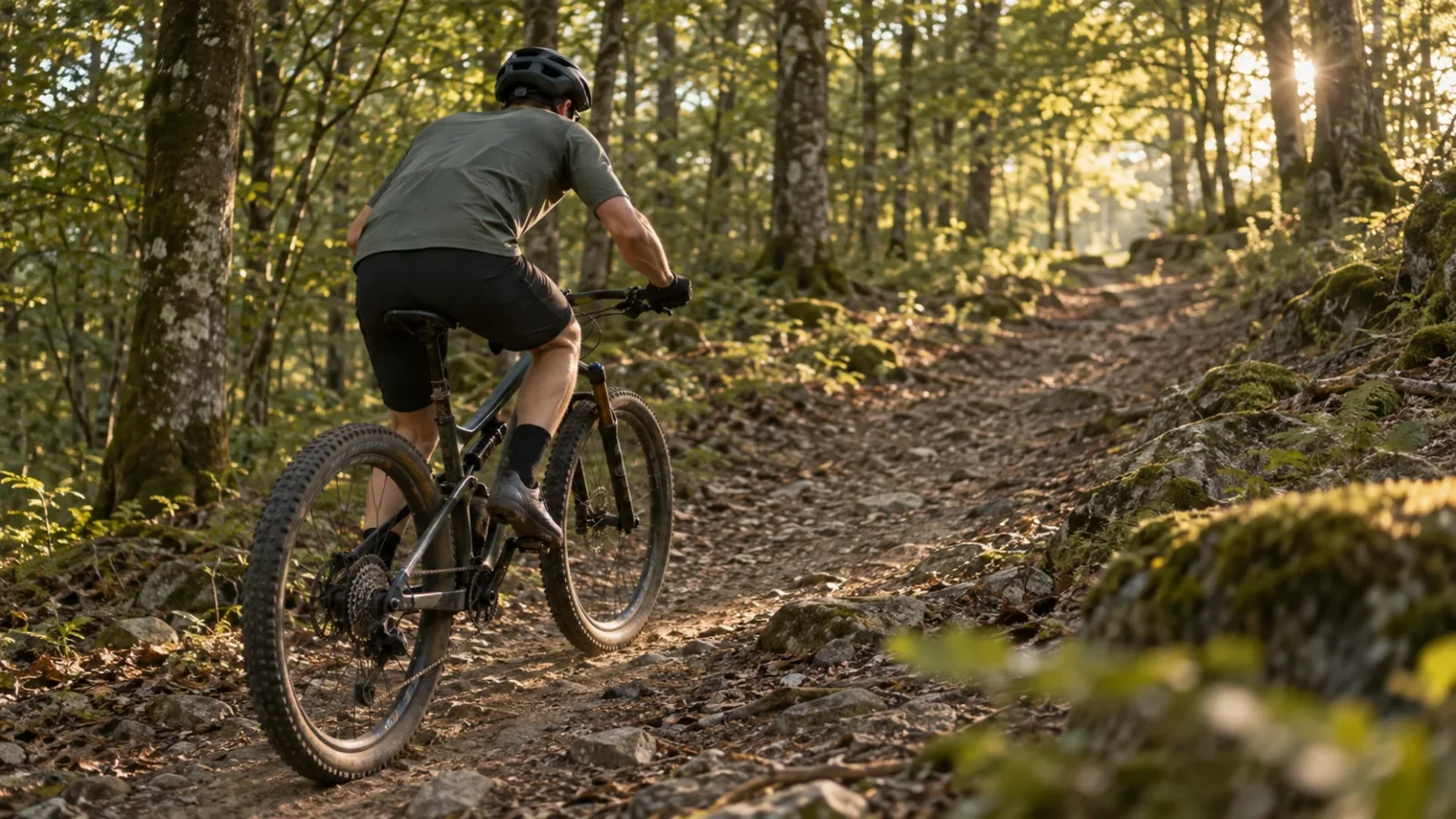 Vététiste de cross-country vu de trois quarts arrière, assis sur son VTT 29 pouces tout suspendu, mains sur le cintre et buste légèrement incliné, montant une piste forestière en légère pente sur un sol de terre et de cailloux
