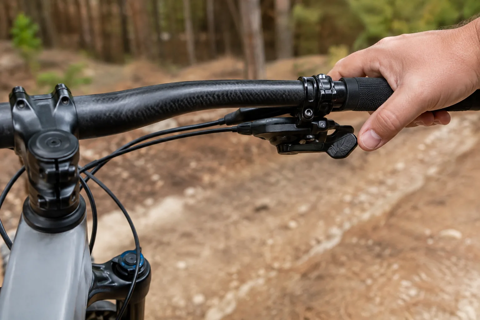Manette de dérailleur sur le cintre d’un VTT XC