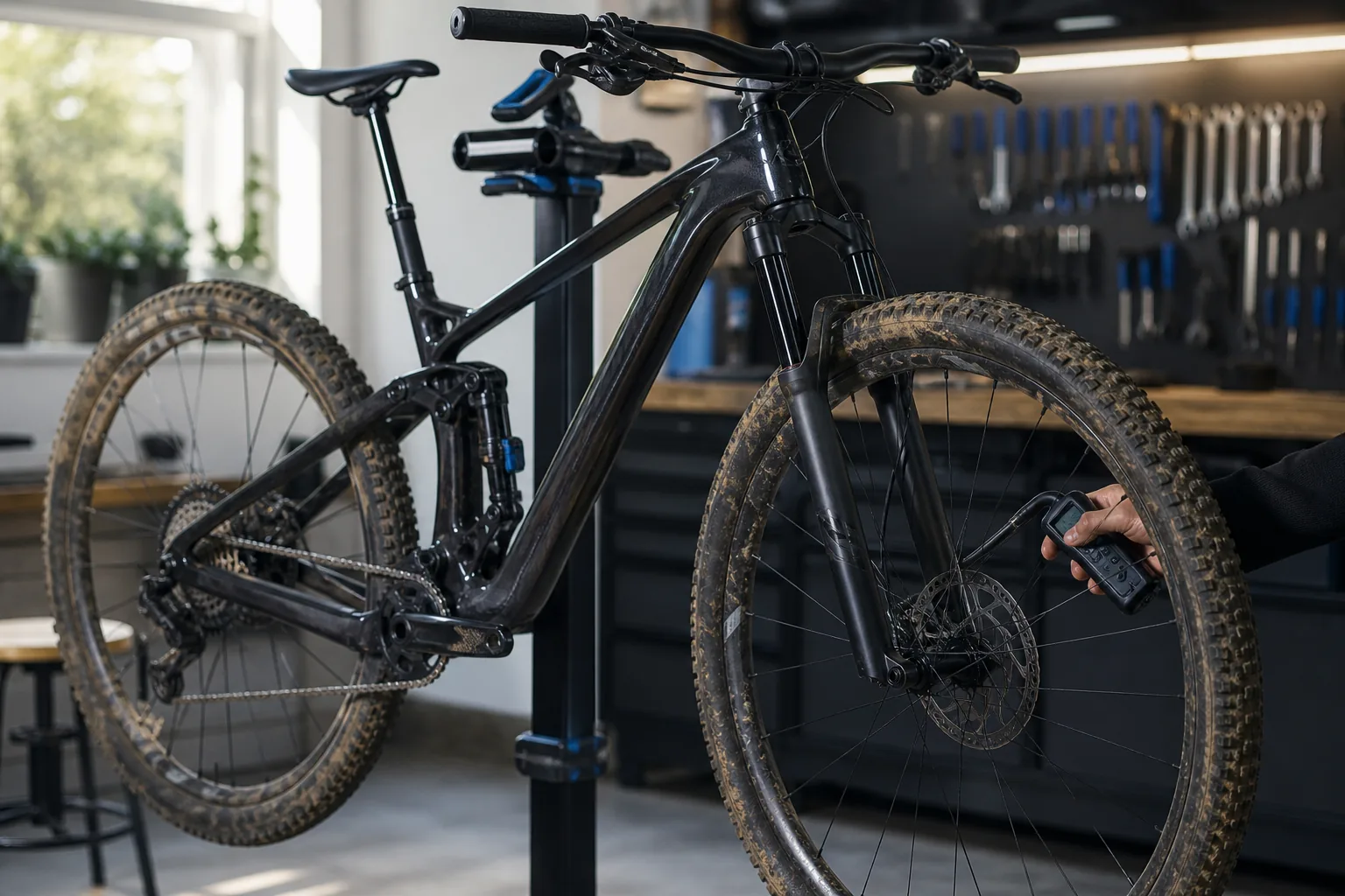 Manomètre digital de pression pneu près d’un VTT XC en atelier