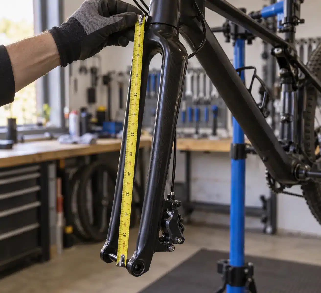 Mètre ruban tenu le long d'une fourche rigide carbone sur un VTT XC pour mesurer la hauteur axe-couronne