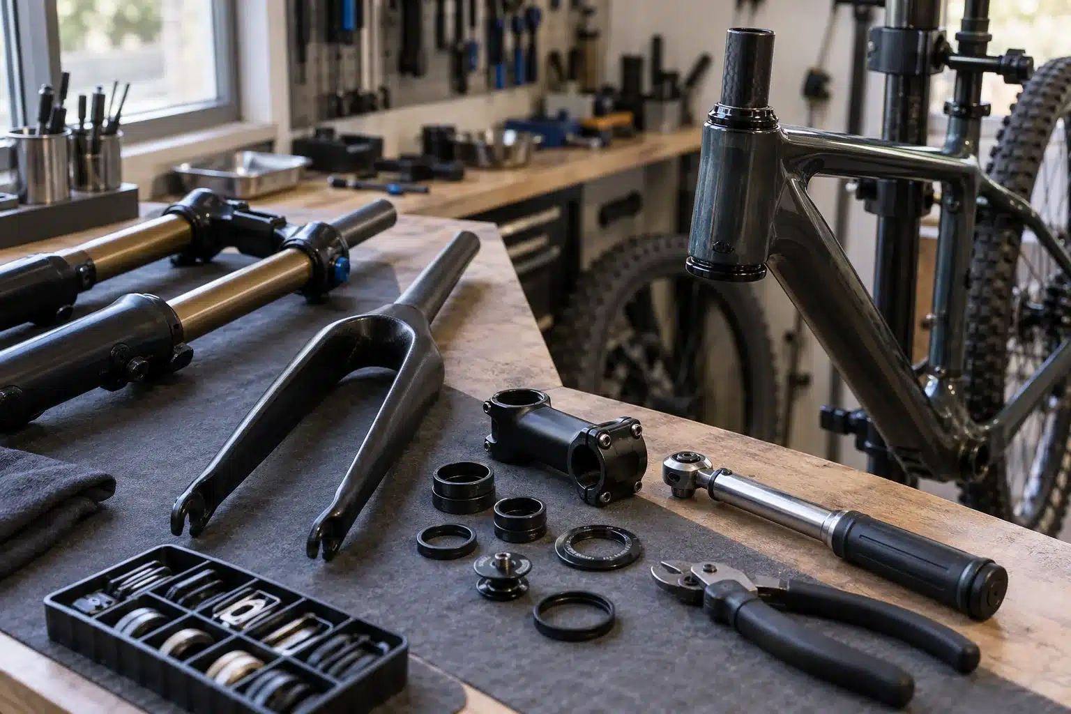 Atelier vélo : fourche à suspension démontée posée sur l'établi à côté d'une fourche rigide carbone en cours de montage sur un VTT cross-country