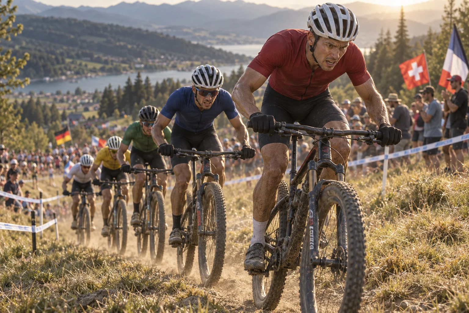Peloton de VTT cross-country dans une montée herbeuse raide le long de la bande de balisage d'une course