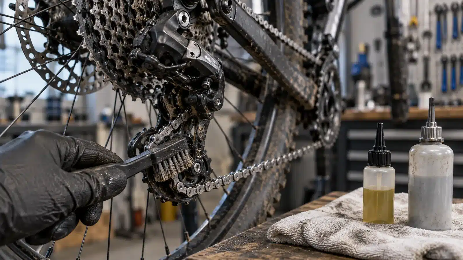 Brosse nettoyant la chaîne et le dérailleur d'un VTT XC, flacon de lubrifiant posé à côté