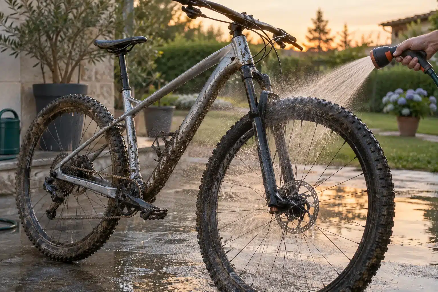 VTT cross-country couvert de boue rincé à basse pression au tuyau d'arrosage après une sortie