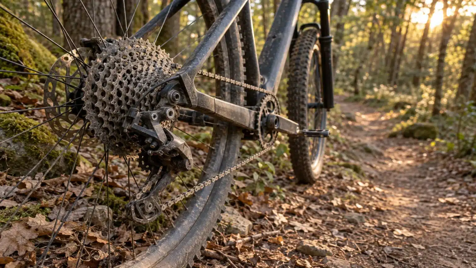 Chaîne et dérailleur arrière couverts de poussière sur un VTT cross-country posé sur un sentier forestier