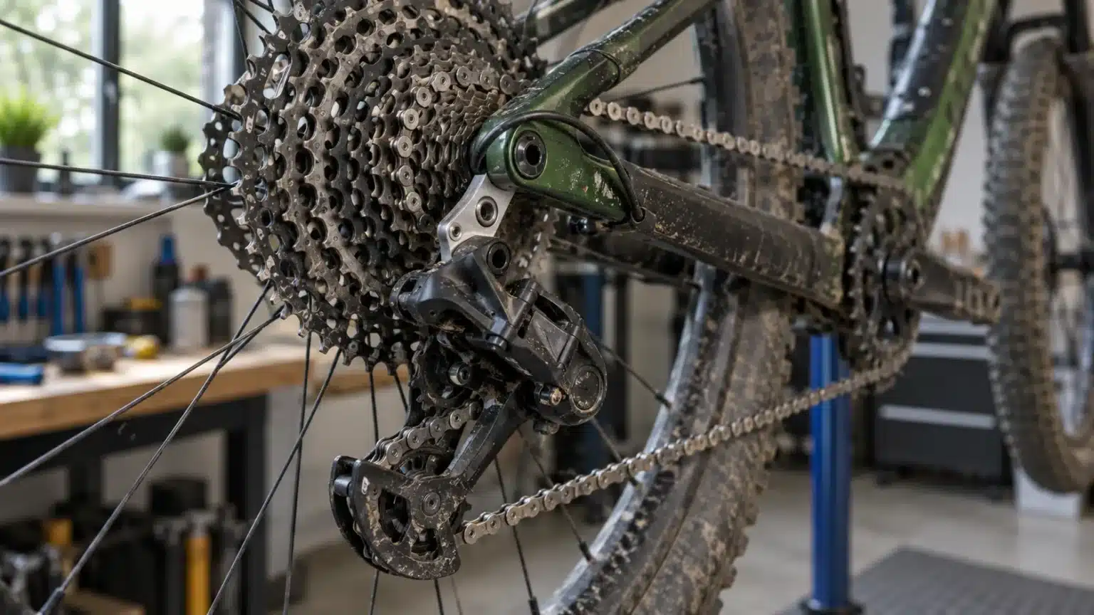 Patte de dérailleur et dérailleur arrière sur un VTT XC en atelier