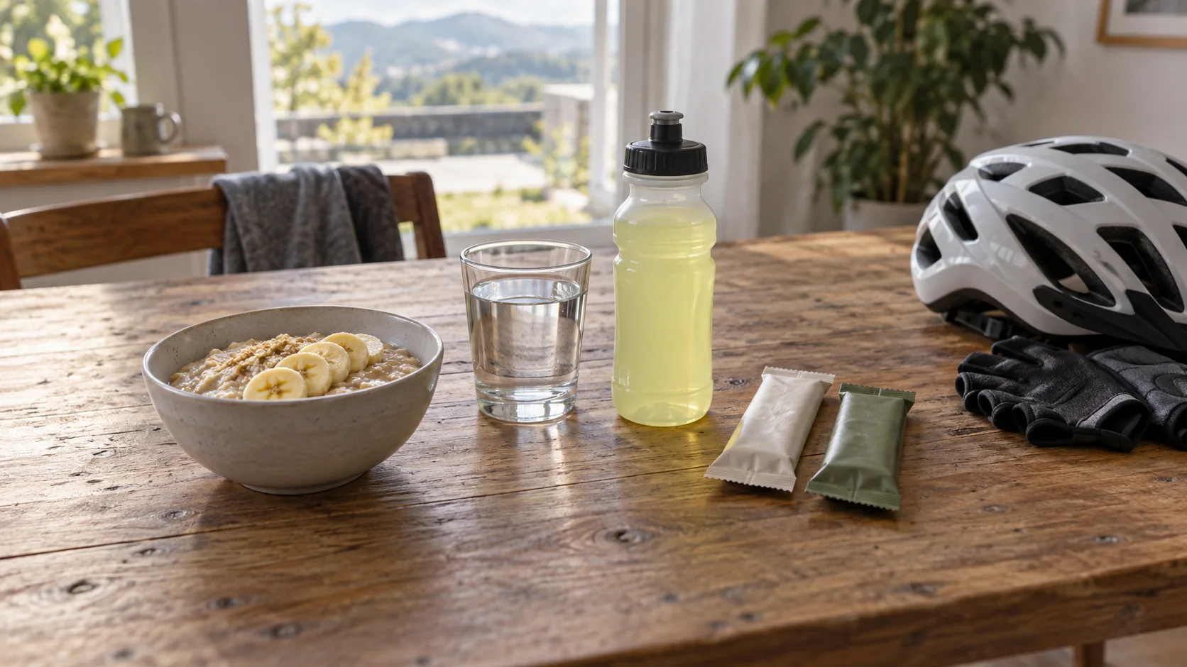 Table de cuisine au matin d'une course de VTT : bouillie de céréales, banane, boisson isotonique, barres énergétiques et casque posé sur le côté