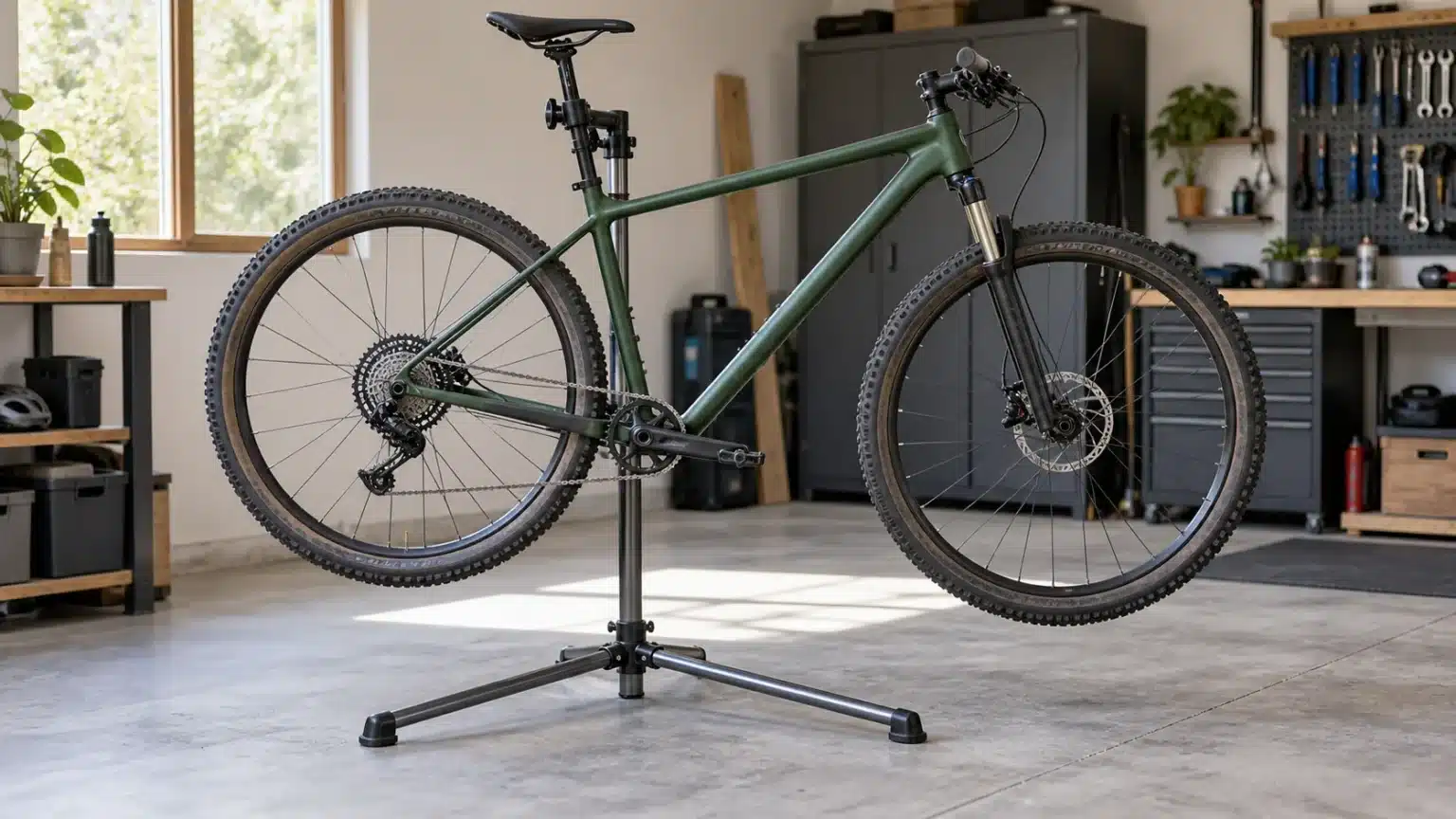 VTT cross-country suspendu par la tige de selle à un pied d’atelier déployé