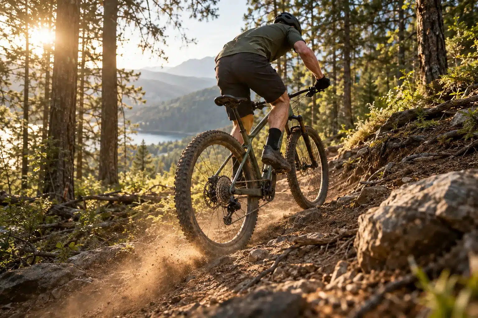 Pilote de VTT cross-country en danseuse dans une montée raide, transmission arrière propre et silencieuse