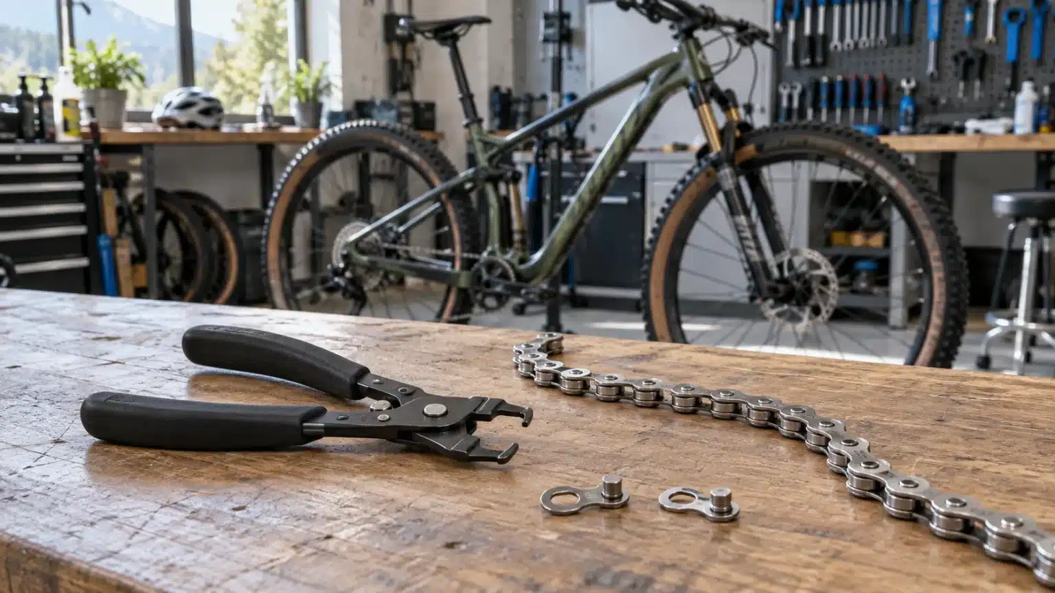 Pince à maillon rapide et chaîne sur un établi devant un VTT XC