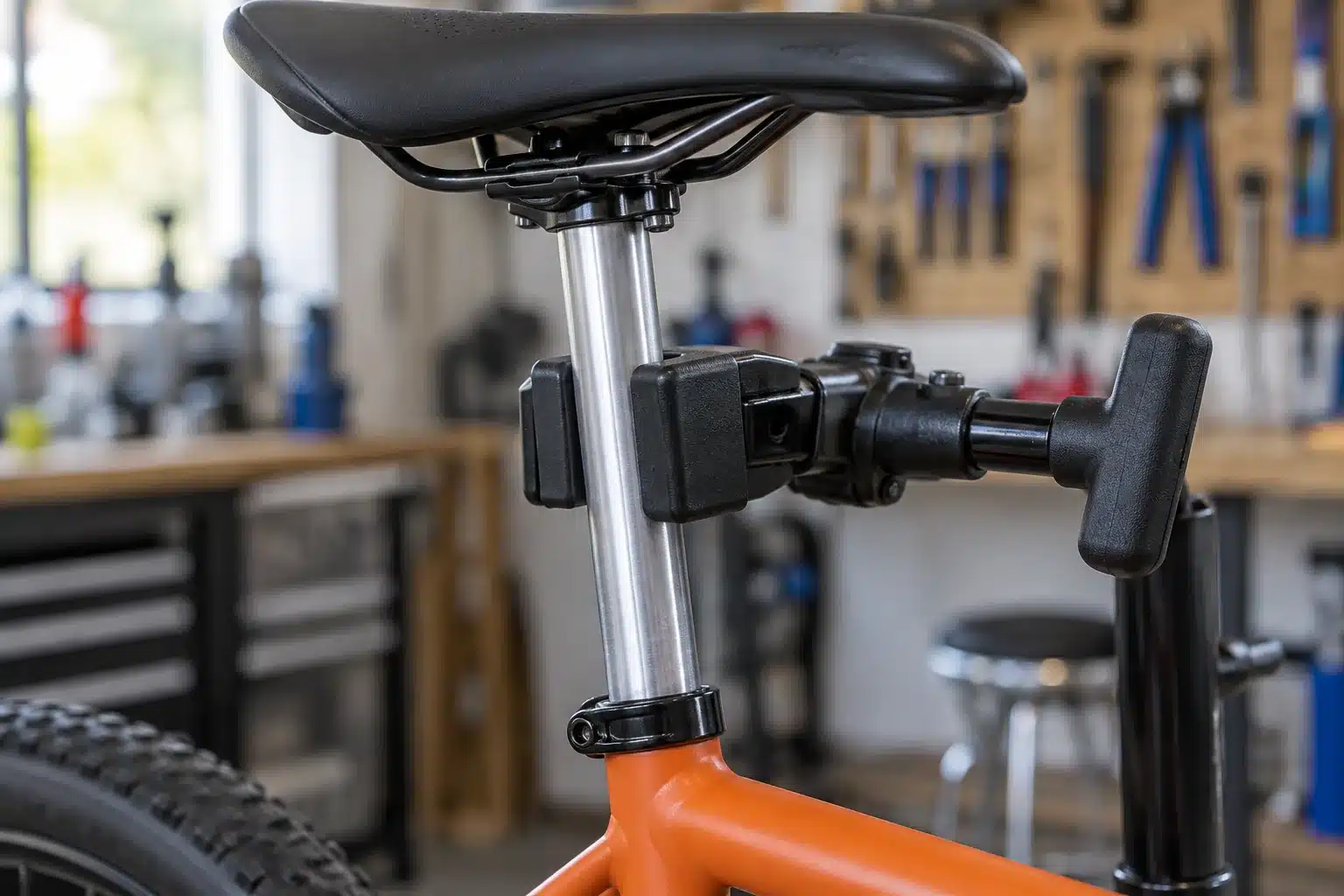 Pince rembourrée d’un pied d’atelier autour d’une tige de selle rigide en aluminium sur un VTT