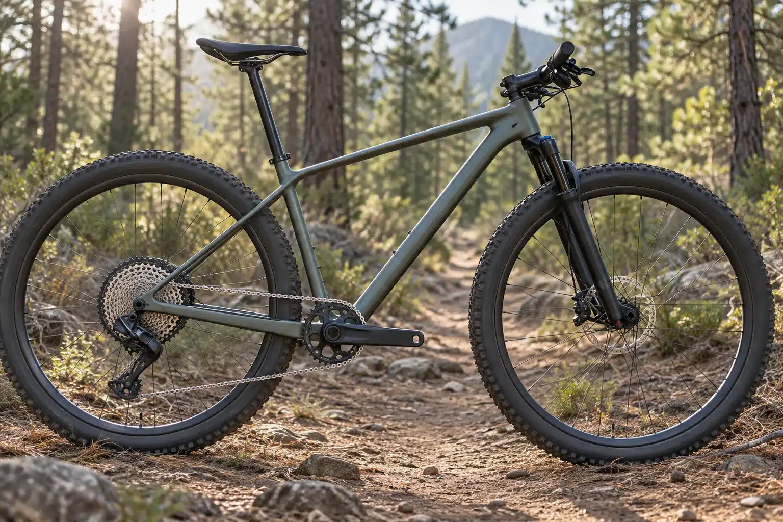 VTT cross-country posé sur un sentier forestier, vue côté transmission avec un plateau ovale monté sur le pédalier