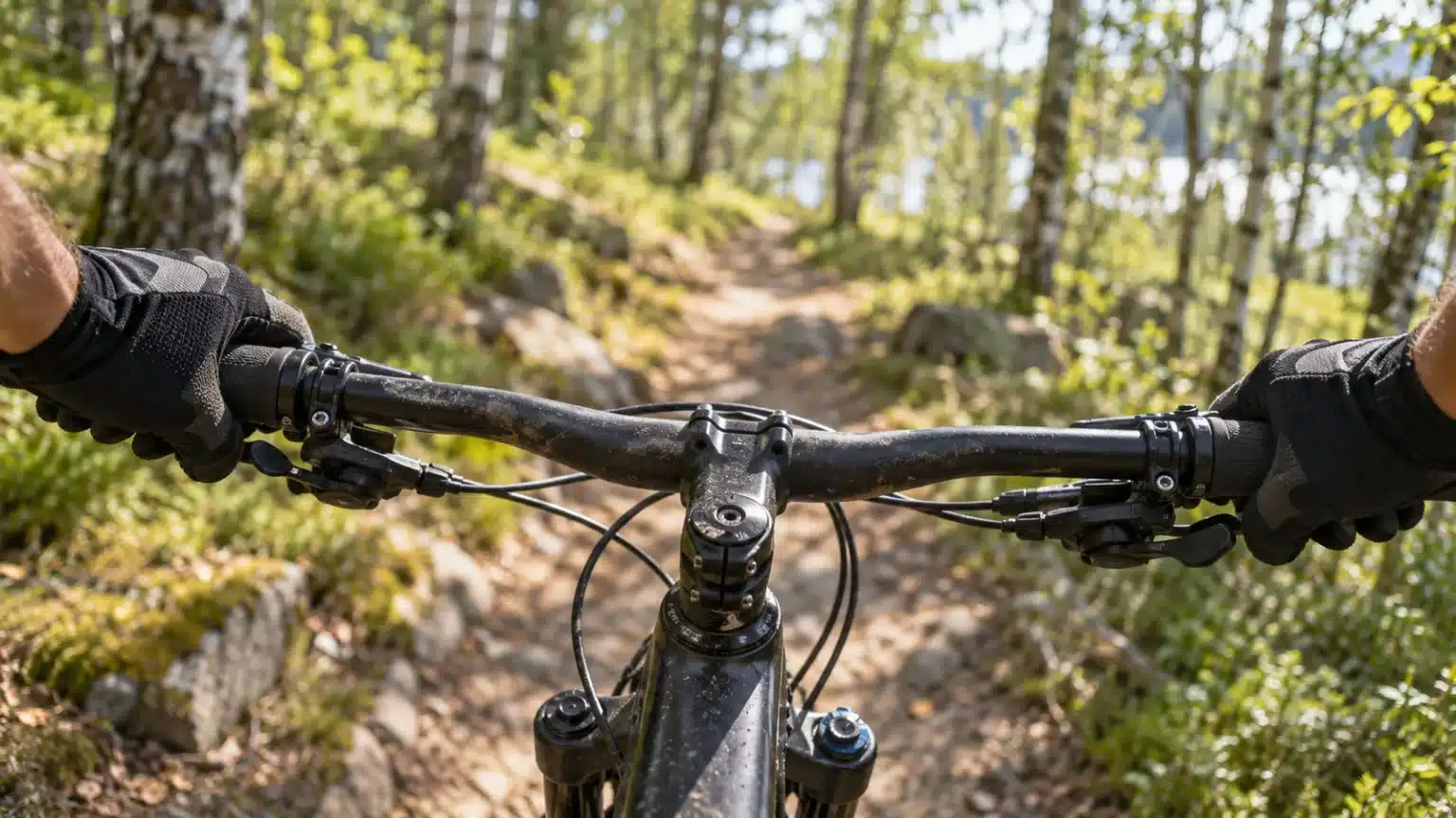 Mains gantées d'un pilote de VTT cross-country agrippant les poignées d'un cintre plat sur un sentier