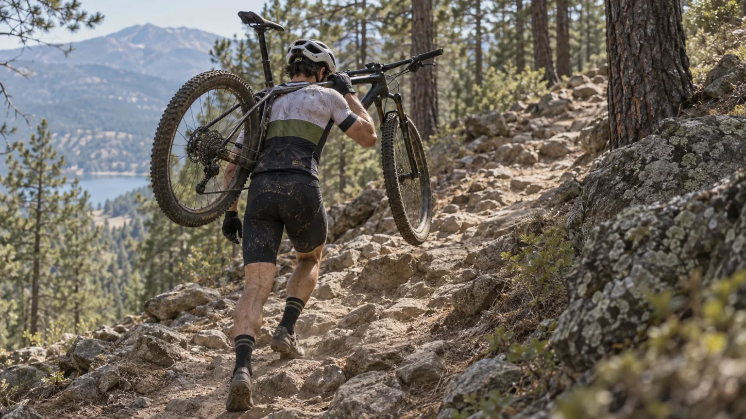 Pilote de VTT cross-country portant son vélo sur l'épaule dans une montée raide et rocheuse en forêt
