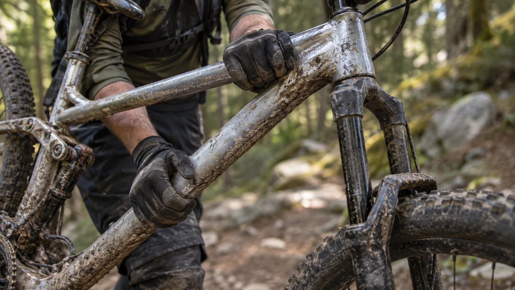 Mains gantées qui tiennent le cadre d'un VTT lors d'un portage, une main sur le tube supérieur et l'autre sur le tube diagonal