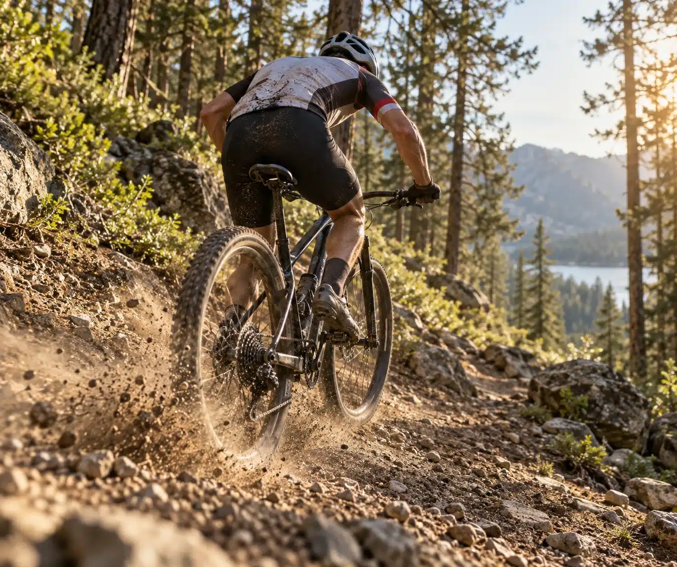 Pilote de VTT cross-country assis qui relance dans une montée caillouteuse, roue arrière qui cherche l'adhérence