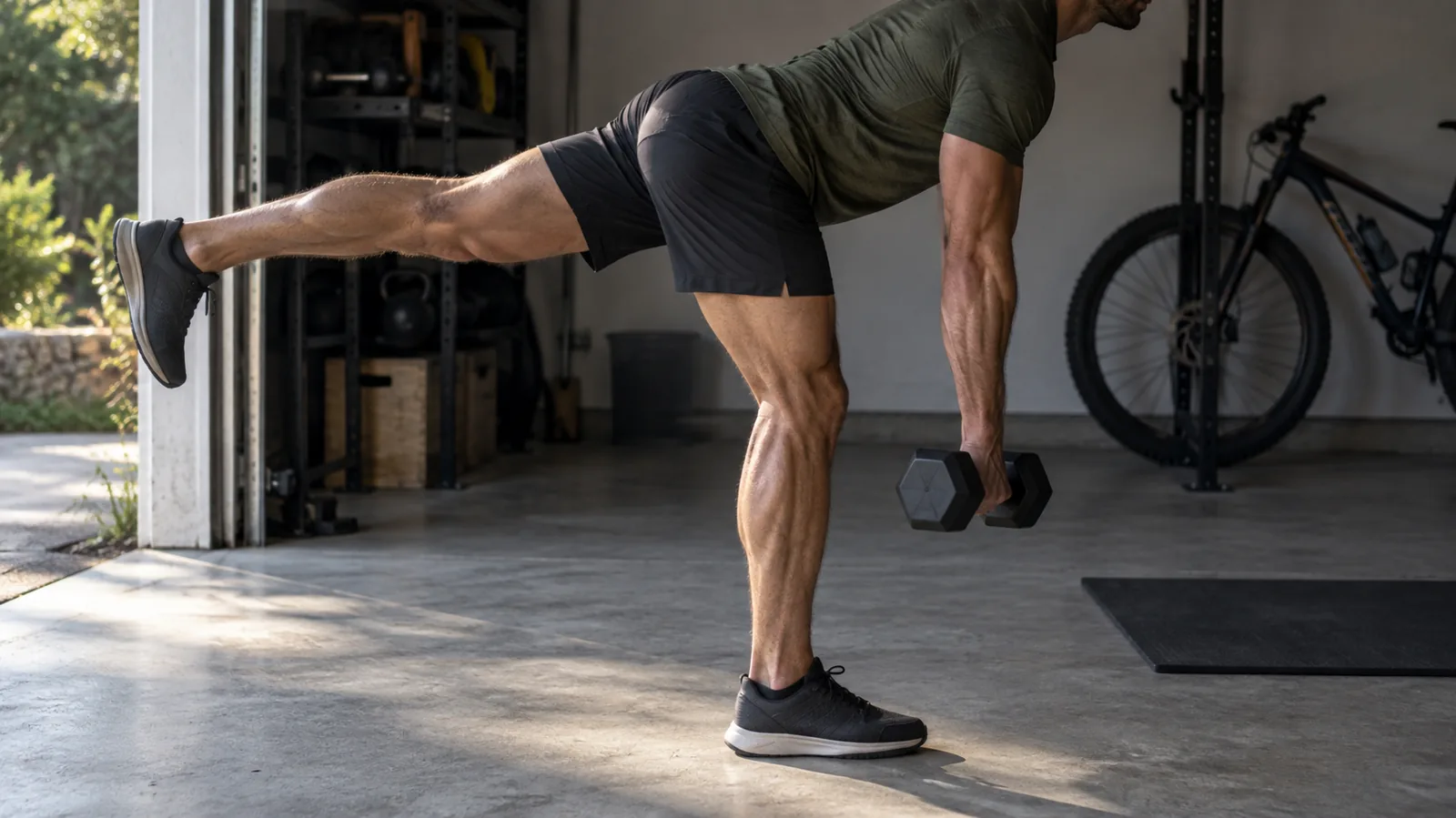 Vététiste debout sur une jambe, haltère dans la main opposée, hanche poussée vers l'arrière et dos plat pendant un exercice de renforcement musculaire