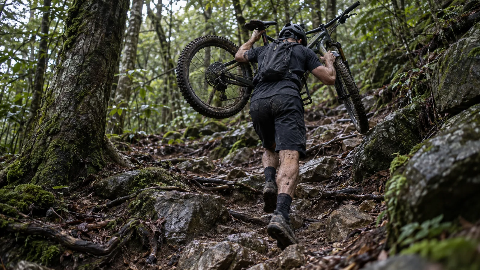 Vététiste portant son VTT sur l'épaule dans une montée raide et caillouteuse en sous-bois pendant une épreuve de cross-country