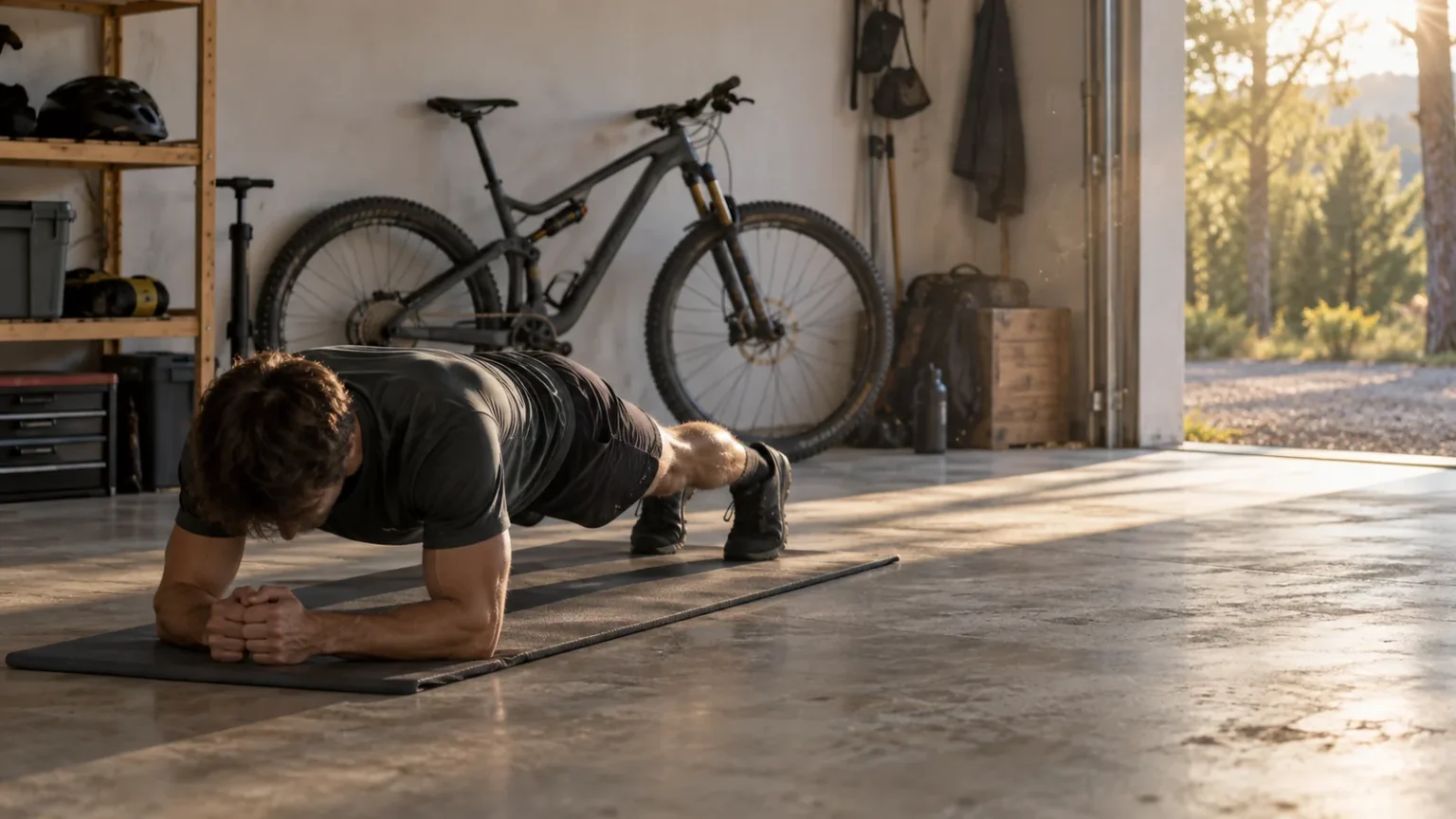 Vététiste de cross-country en position de gainage sur un tapis de sol dans un garage, son VTT 29 pouces appuyé contre le mur derrière lui