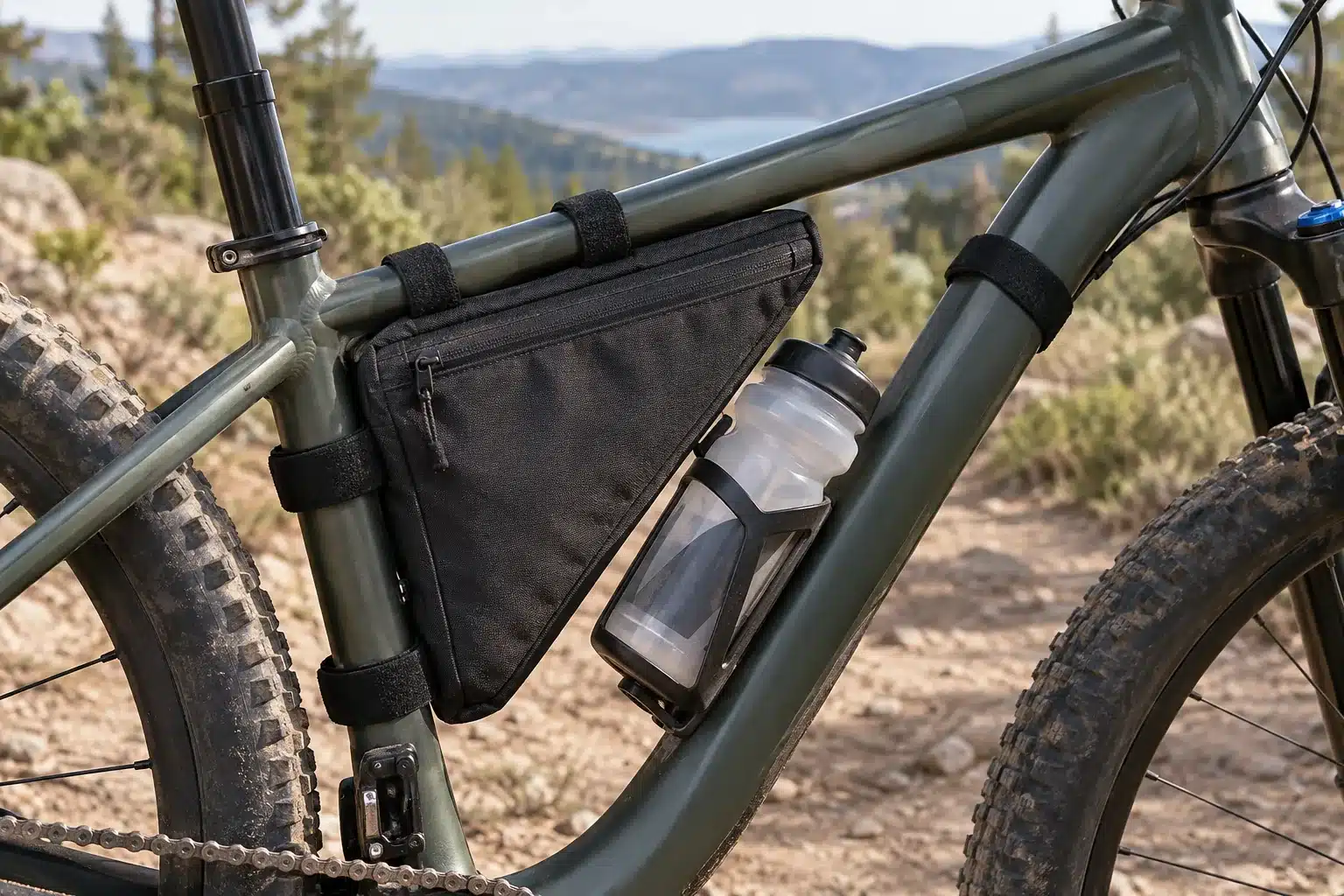 Sacoche de cadre de VTT montée dans le triangle avant, à côté d'un porte-bidon avec bidon, sangles en place sur le tube diagonal