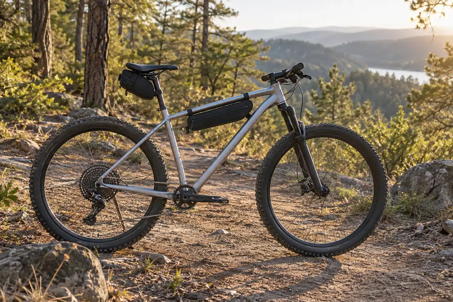 VTT cross-country semi-rigide sur un sentier forestier sec, équipé d'une sacoche de selle et d'une fine sacoche de cadre dans le triangle avant