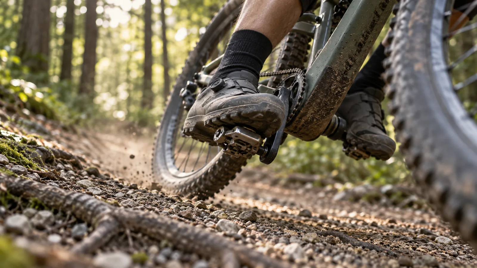 Appui sur la pédale extérieure dans un virage de VTT, chaussures à cales sur pédales automatiques, terrain de graviers et racine affleurante