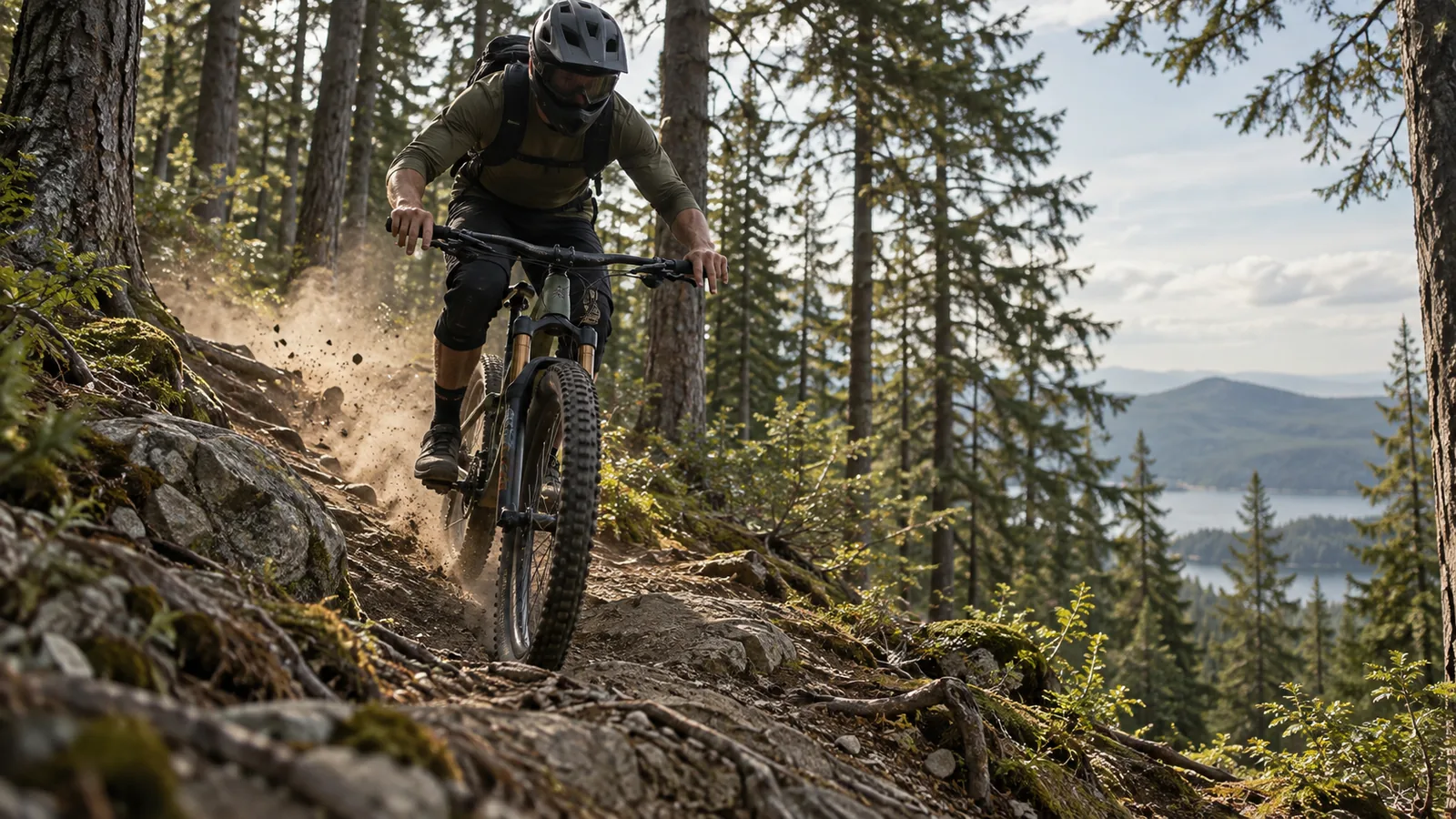 Vététiste relâchant les freins à la sortie d'une pente raide en forêt, poussière et graviers soulevés derrière la roue arrière