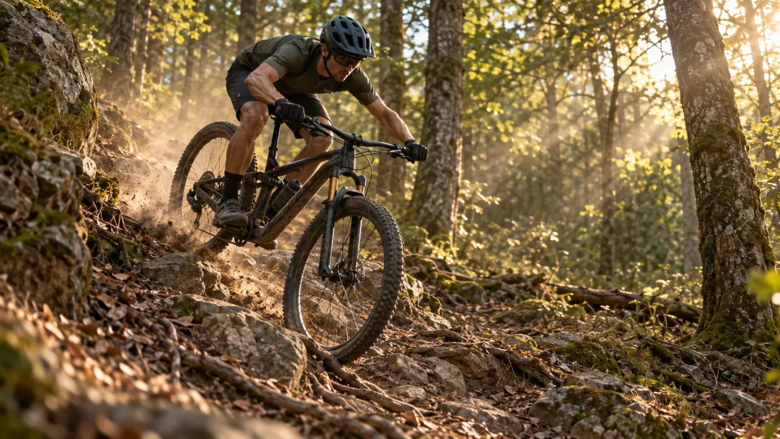 Vététiste de cross-country vu de côté dans une descente technique en forêt, buste bas, coudes fléchis et fesses légèrement en arrière de la selle, VTT 29 pouces tout suspendu sur un sol de racines et de cailloux