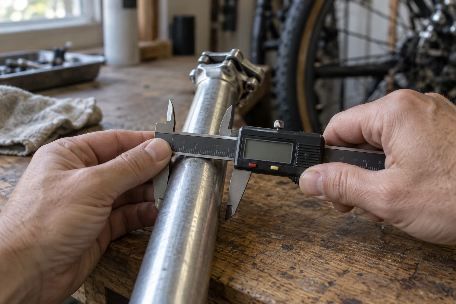 Mains mesurant au pied à coulisse le diamètre d'une tige de selle VTT en aluminium posée sur un établi