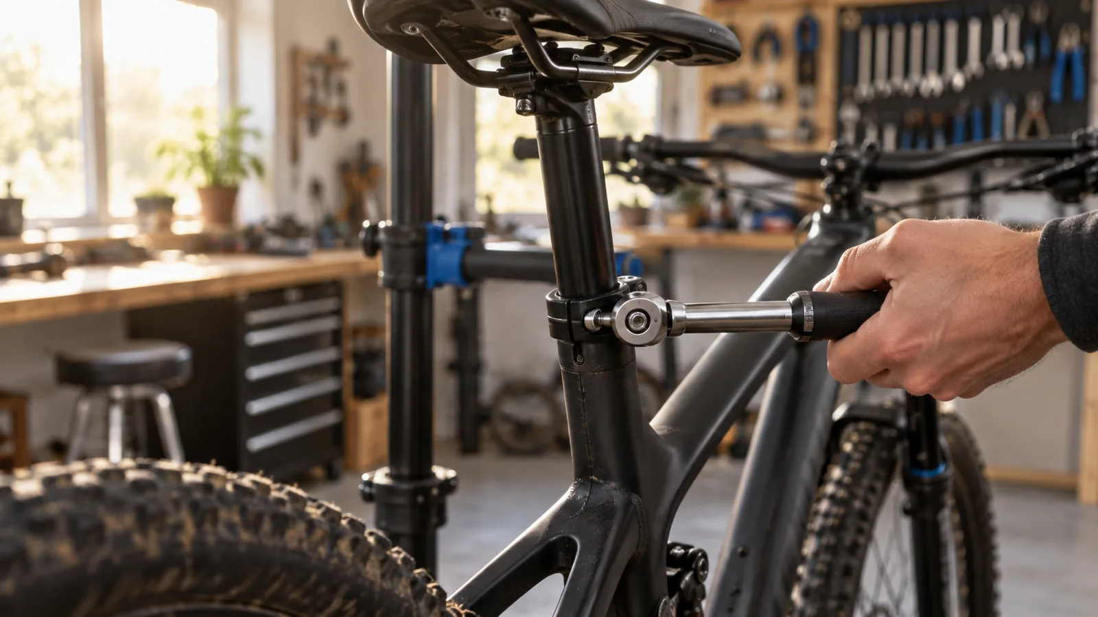 Serrage au couple de la vis du collier de tige de selle d'un VTT tenu sur un pied d'atelier
