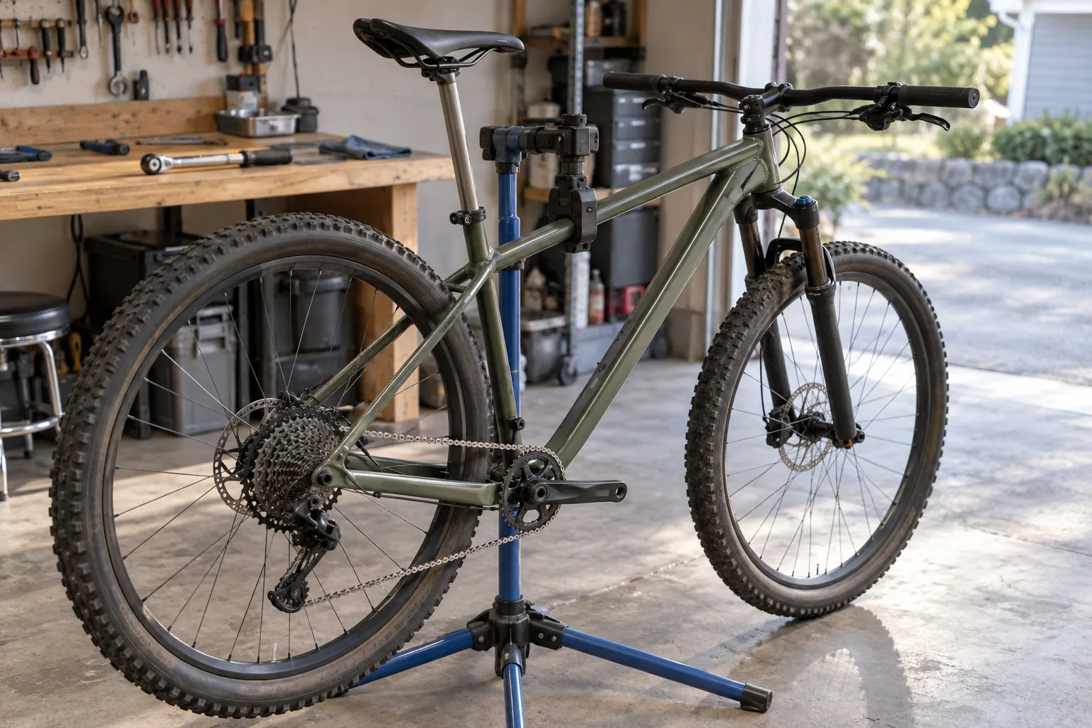 VTT cross-country semi-rigide posé sur un pied d'atelier dans un garage, selle et tige de selle en aluminium visibles de profil, outils posés sur l'établi