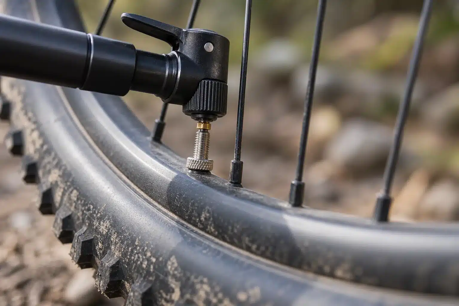 Gros plan sur une valve Presta de roue VTT 29 pouces avec l'embout d'une pompe à main enclenché