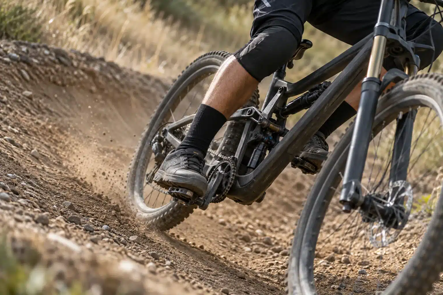 Plan rapproché sur le pédalier d'un VTT dans un virage relevé, pied appuyé sur la pédale extérieure et manivelle intérieure relevée