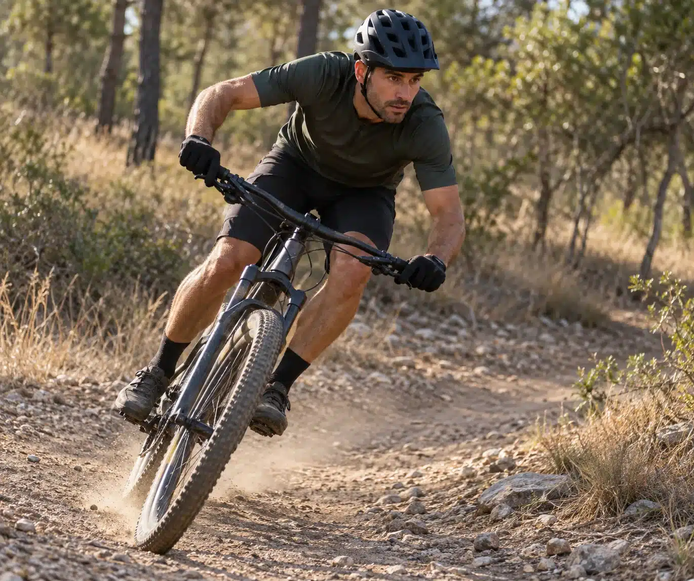 Pilote de VTT cross-country incliné dans un virage à plat, buste bas au-dessus du cintre et regard tourné vers la sortie de la courbe