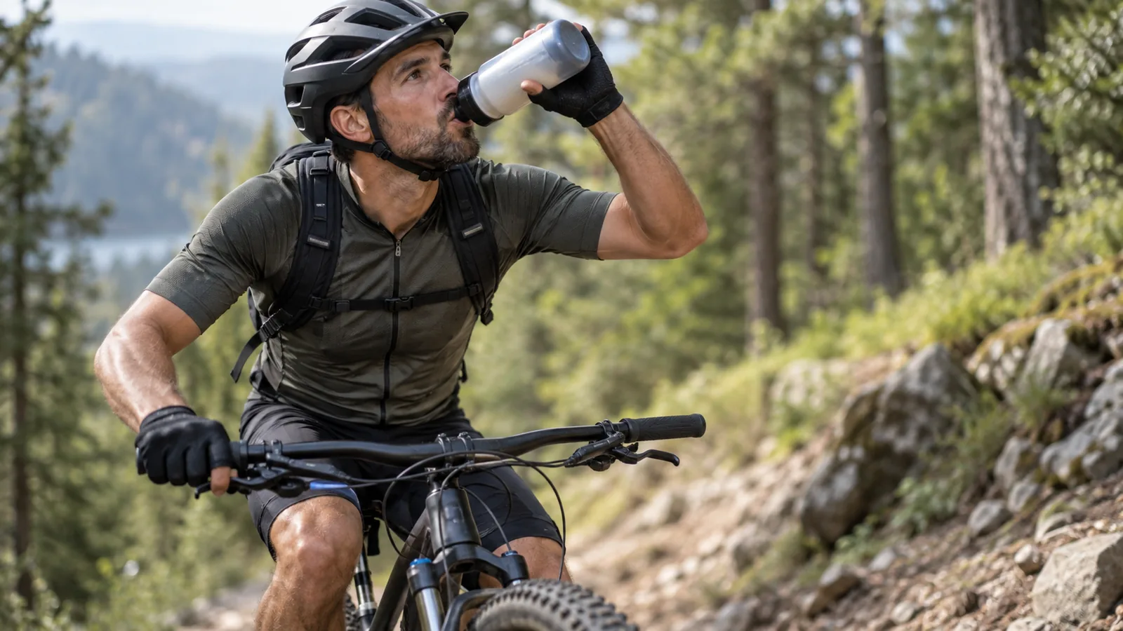 Coureur de VTT marathon buvant à son bidon pendant une longue montée en piste forestière, sans marque ni inscription visible
